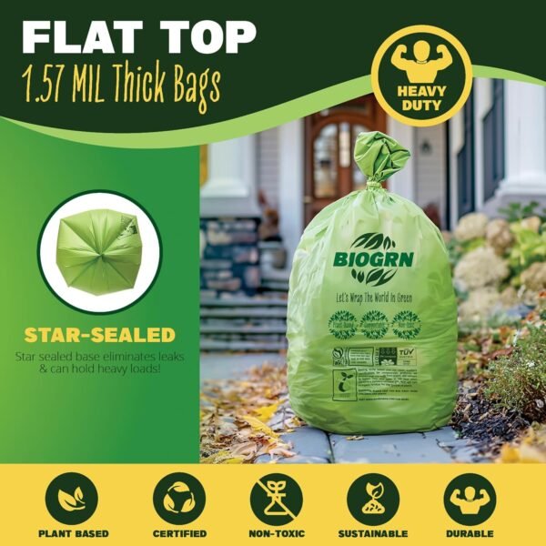 55 Gallon Compostable Trash Bags Flat-Top, Heavy Duty Extra Thick 1.57 Mil, 208.2 Liter, 12 Bags, Large Lawn and Yard Waste Bag, ASTM D6400, US BPI and OK Compost Home Certified - Image 3
