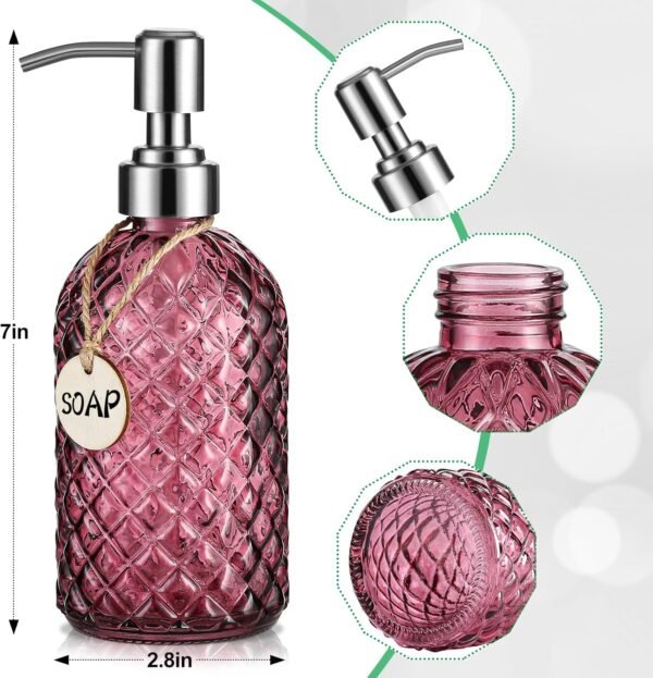 16 OZ Clear Soap Dispenser with 304 Rustproof Stainless Steel Pump Bathroom Kitchen,Soap Dispenser,Refillable Liquid Glass Soap Dispenser for Hand Soap, Dish Soap, Lotion(Purple) - Image 3