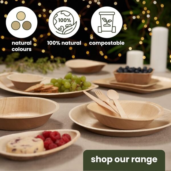100 Pack Palm Leaf Plates Party Tableware for 20 Guests | 20 Round Plates 9" + 20 Bowls 16oz + 60 Wooden Bamboo Cutlery (Forks Spoons Knives) | Better than Disposable Bamboo Plates & Plastic - Image 7
