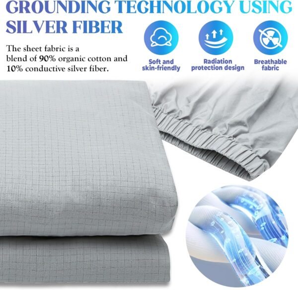Calmbee Grounding Sheets King Size, 10% Pure Silver Fiber + 90% Organic Cotton, Grounding Sheet Earth Connected Bedding, Queen, 78"x 80"x 15", Fitted Earth Sheets with Grounding Cord, Gray - Image 2