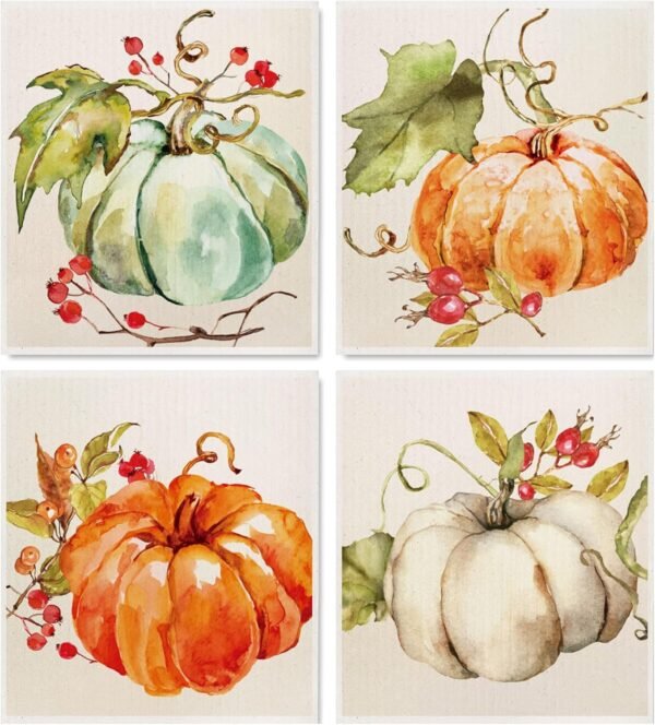 Whaline Fall Pumpkin Swedish Dishcloth Autumn Cotton Kitchen Towel Pumpkin Absorbent Dish Towel for Housewarming Cleaning, 4Pcs, 7.7 x 6.9 Inch
