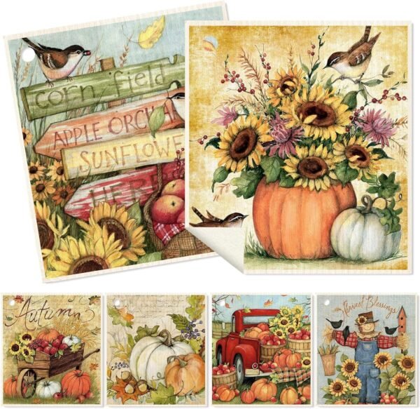 Fall Swedish Kitchen Dishcloth Sunflower Pumpkin Truck Cotton Towel Farm House Absorbent Dish Towel for Autumn Thanksgiving Housewarming Cleaning Wipes, 6Pcs, 7 x 8 Inch