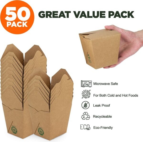 Fit Meal Prep 50 Pack 32 oz Chinese Take Out Boxes - 4.5x4” Plain Kraft Paperboard Food Containers, Leak and Grease Resistant Quart Size Asian Rectangle To Go Boxes, Candy Buffet Box and Party Favors - Image 3