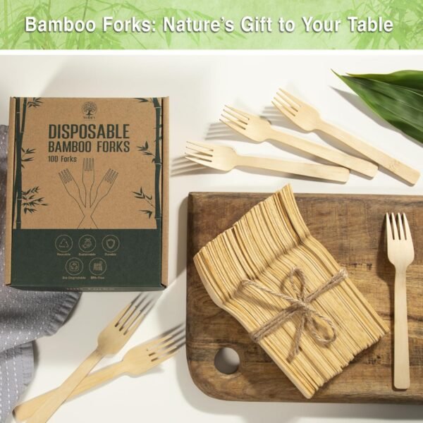 Disposable Bamboo Forks, 100-Count Set; BPA Free Splinter-Free Biodegradable & Ethically Sourced Compostable Cutlery Perfect for Appetizers and Cocktails - Bamboo Forks Disposable - Image 8
