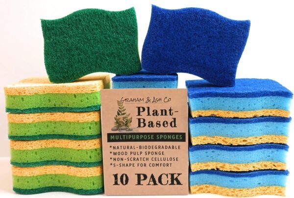 Graham & Ash Co All Natural Extra Thick Kitchen Sponge - Biodegradable Compostable Cellulose and Sisal Scrubber - Pack of 10 Eco Friendly S-Shape Sponges for Comfort Sponge Non-Scratch Scrubbing Pad