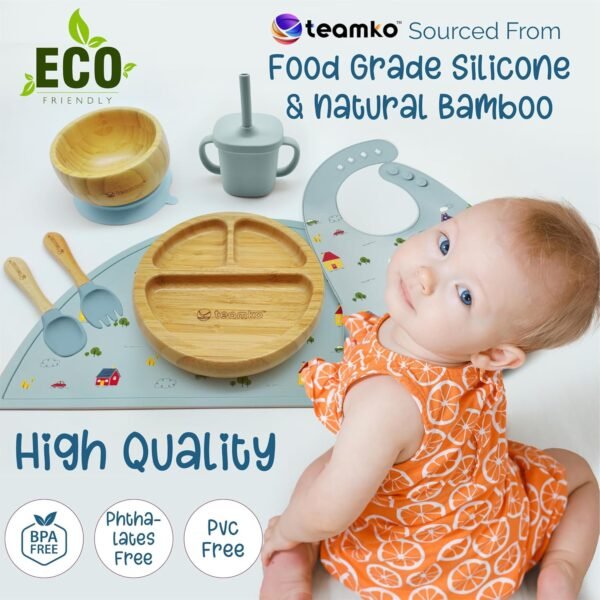 TEAMKO® Silicone Baby Feeding Set: Bamboo Baby Plate and Bowl, Bib, Utensils, Cup & Placemat - Bamboo Kids Plates - Ideal for Baby Led Weaning + Nutritional Guide - Image 5