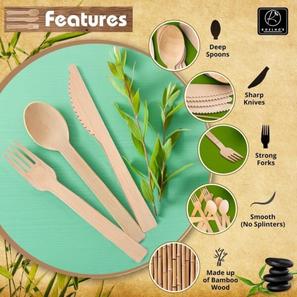 KOELHO'S Bamboo Cuterly Set 24, Pre Rolled Napkin Cutterly Set, Silverware Set Disposable 100% Natural - Bamboo Utensils Set - Disposable Cutlery - Bamboo Silverware - Compostable Cutlery - Image 3