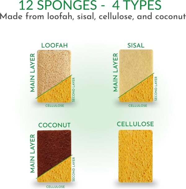 Natural Sponges, 12 Pack, Ideal for Cleaning Kitchen, Bathroom & Household (Loofah, Coconut, Cellulose and Sisal Scrubbers), Eco-Friendly, Compostable, Biodegradable, 4 Types of 3 Pcs. - Image 2