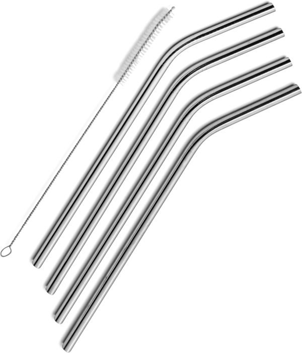 Stainless Steel Drinking Straws Set of 4, Curved metal Straws reusable for 20 0z Tumbler, | Fits all Yeti SIC Simple Modern Tumblers, Cleaning Brush Included.