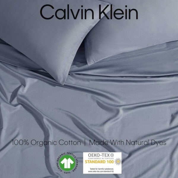 Calvin Klein - Queen Sheets, 100% Organic Cotton Sateen Bedding Set with Deep Pockets, 300-Thread Count Silky Bedding Essentials, Oeko-Tex & GOTS Certified (Organic Earth Dusk Blue, Queen) - Image 5