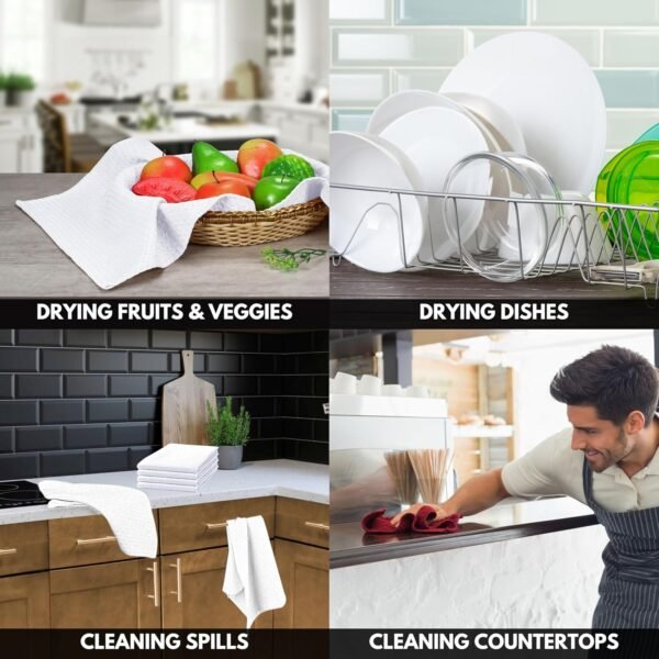 Waffle Kitchen Dish Towel 100% Cotton, Soft Absorbent Quick Drying Hand Cleaning Towel for Multipurpose, Bar, Tea Towel 16x26 Inches, Set of 4, White - Image 5