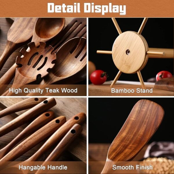 NAYAHOSE Wooden Spoons for Cooking, 8 Pcs Wooden Cooking Utensils Set for Kitchen, Natural Teak Wood Non-Stick Cooking Spoons with Bamboo Holder, Kitchen Hanging Organizer Set - Image 4