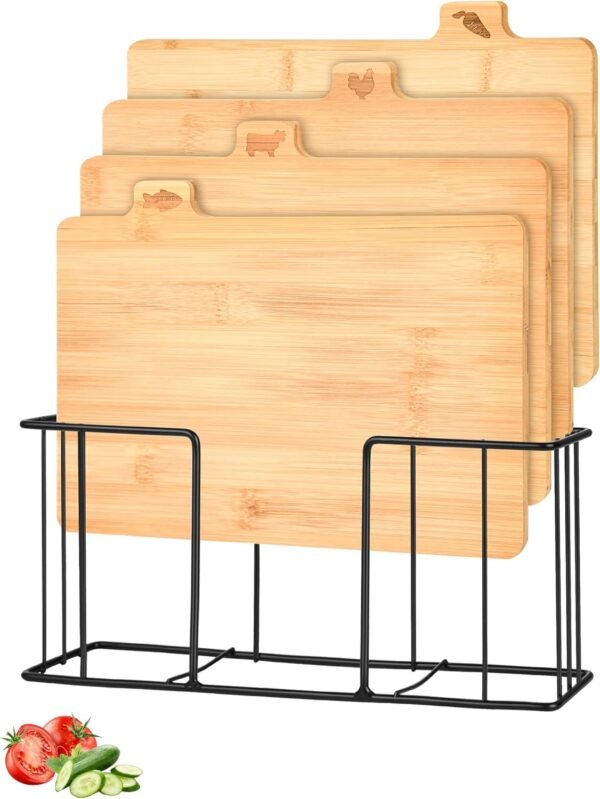 Bamboo Cutting Board Set, Lexda 4 Sets Labeled Tabs Cutting Board with Stainless Holder, Durable Kitchen Cutting Boards For Chopping Fruit, Meat, Cheese, Veggies - 11" x 8"