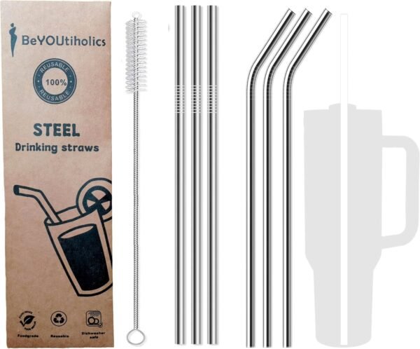 6 PCS Reusable Stainless Steel Steel Straws, 8.5" for 20/30 Oz for Tumblers, Cups, Mugs, Yeti, Cold Beverage, Smoothies, Cocktails, Milkshakes, 1 Cleaning Brush included Dishwasher safe