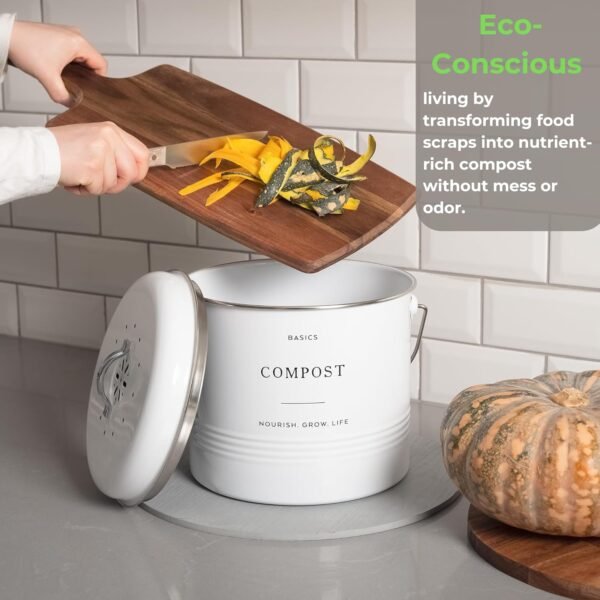 D'Lifeful Kitchen Compost Bin - 1.3 Gallon Countertop Compost Bin with Lid - Farmhouse Kitchen Composter with 6 Smell-Absorbing Charcoal Filters - Eco-Conscious and Easy to Clean Compost Bucket -White - Image 3