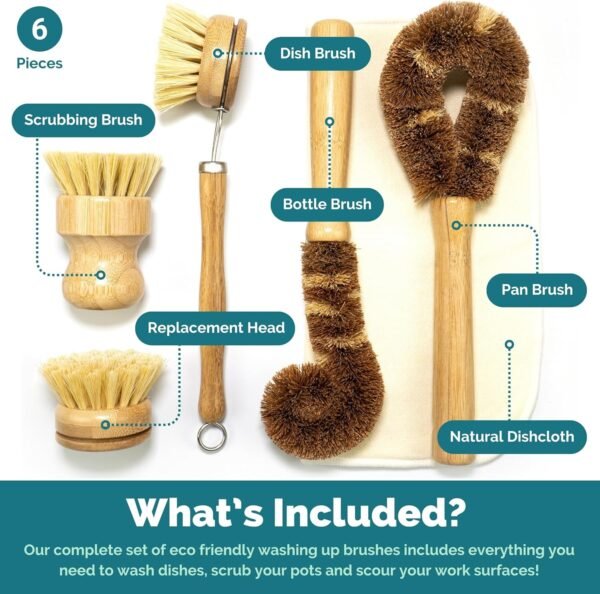 Jungle Culture® 6 Piece Natural Dish Brushes for Washing Up • Eco Dish Brush Kitchen Cleaning Set • Plant Based Coconut Scrubbers • Bottle/Pot Brush & Eco Friendly Scourer Sponge for Pans & Dishes - Image 2