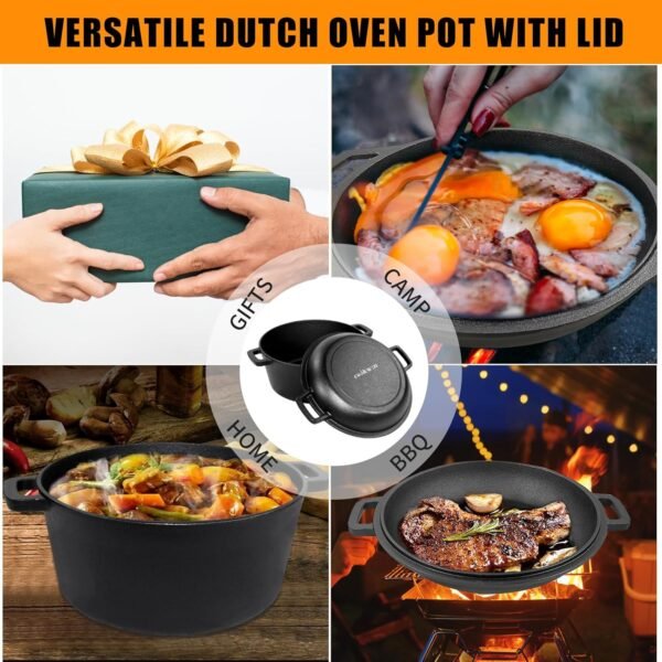 2-in-1 Dutch Oven Cast Iron Dutch Oven pot with Lid,Cast Iron Pots and Pans Set,5.5 Quart Cast Iron Pot,Pre-Seasoned Dutch Oven with Pans Set,All-in-One Cookware Set for camping lodge or RV - Image 2