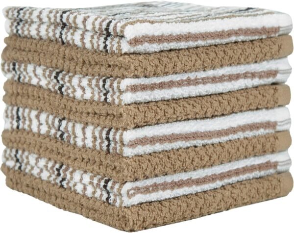 Bumble Premium Dish Cloths Towel 12"x12" | 100% Natural Ring Spun Cotton Tea Towel Set | 430 GSM | Highly Absorbent & Soft Dish Towels | 8 Pack - 4 Popcorn Striped & 4 Solid Kitchen Towels - Tan