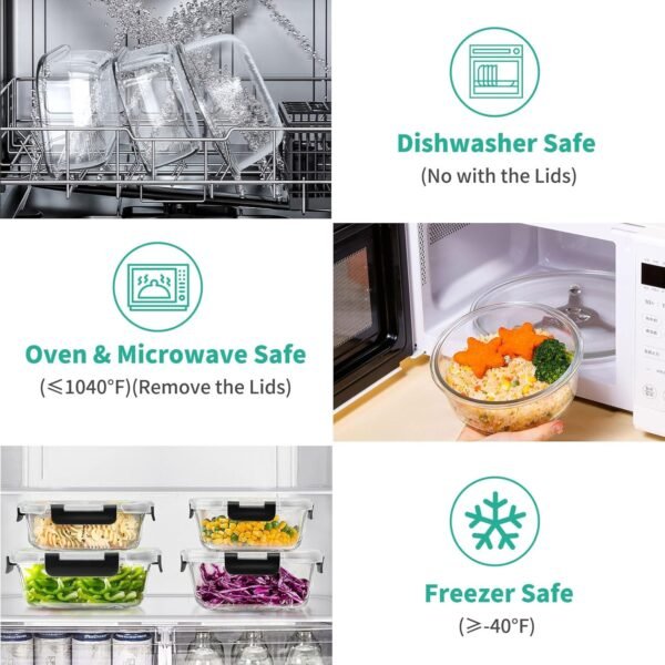 34pcs Glass Food Storage Containers with Lids Set, Airtight Glass Meal Prep Containers (17 Containers & 17 Lids), Leak Proof Lunch Containers BPA-Free, Microwave, Oven, Freezer, Dishwasher Safe-Black - Image 4
