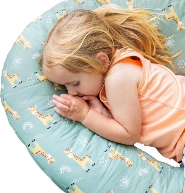 100% Organic Cotton Toddler Body Pillow, Hypoallergenic Kids Body Pillow for Sleeping or Lounging. Body Pillow for Kids with Machine Washable Cover. (Green/Giraffe)