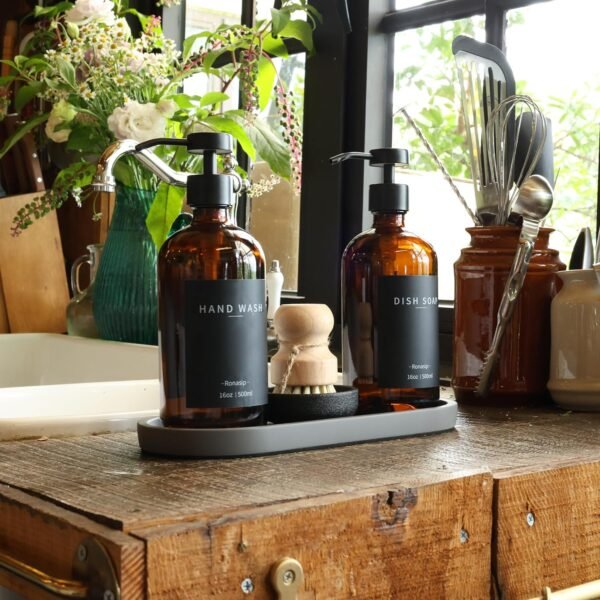 Set of 5 Kitchen Soap Dispenser Set 16 Oz Glass Hand Dish Soap Dispenser with Stainless Steel Pump, Cement Tray, Dish Scrub Brush for Farmhouse Rustic Home Bathroom Decor (Brown) - Image 3