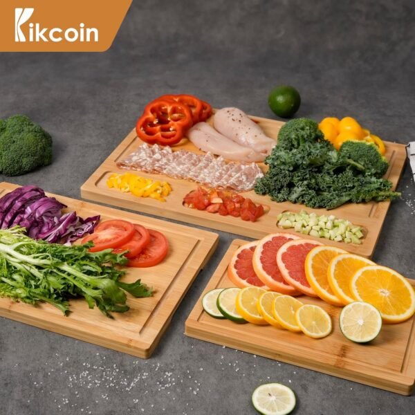 Bamboo Cutting Boards for Kitchen, (Set of 3) Kitchen Chopping Board with 3 Built-In Compartments and Juice Groove Heavy Duty Serving Tray Wood Butcher Block and Wooden Carving Board, Kikcoin - Image 7