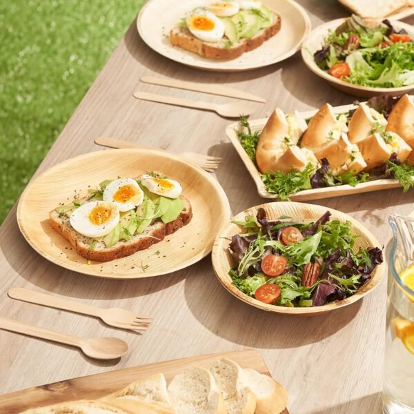 100 Pack Palm Leaf Plates Party Tableware for 20 Guests | 20 Round Plates 9" + 20 Bowls 16oz + 60 Wooden Bamboo Cutlery (Forks Spoons Knives) | Better than Disposable Bamboo Plates & Plastic - Image 6