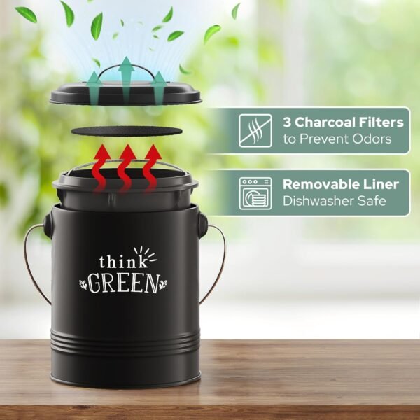 Barnyard Designs Compost Bin for Kitchen Counter - 1.2 Gallon Countertop Composter with Extra Smell-Absorbing Filters and Inner Bucket for Easy Cleaning - Food Waste Bin for Kitchen with Lid (Black) - Image 2