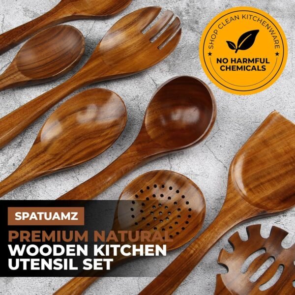 Wooden Spoons for Cooking, Gentle Wooden Utensils Set for Non-stick Pan, Long Hanle Wooden Spoon and Spatula Set of 10 - Image 5