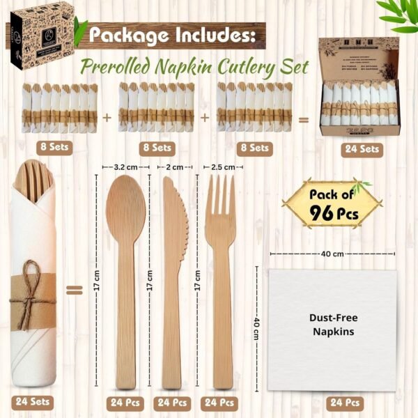 KOELHO'S Bamboo Cuterly Set 24, Pre Rolled Napkin Cutterly Set, Silverware Set Disposable 100% Natural - Bamboo Utensils Set - Disposable Cutlery - Bamboo Silverware - Compostable Cutlery - Image 2