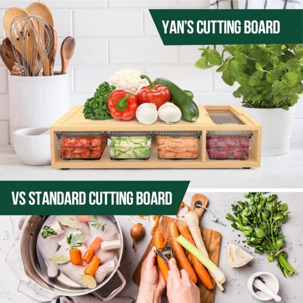 YANs Bamboo Cutting Board with Containers for Easy Meal Prep - Chopping Board Set -Extra Large Space Saving Cutting Board Set with Juice Groove to Keep Your Kitchen Tidy - Image 4