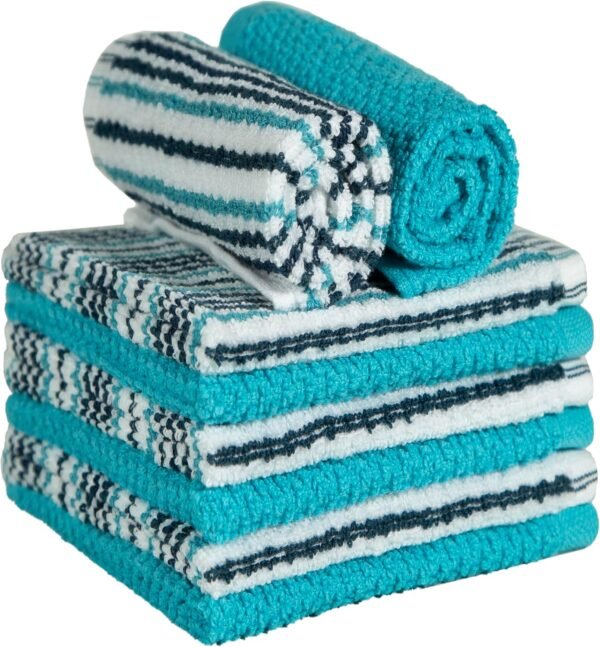 Bumble Premium Dish Cloths Towel 12"x12" | 100% Natural Ring Spun Cotton Tea Towel Set | 430 GSM | Highly Absorbent & Soft Dish Towels | 8 Pack - 4 Popcorn Striped & 4 Solid Kitchen Towels - Aqua - Image 4
