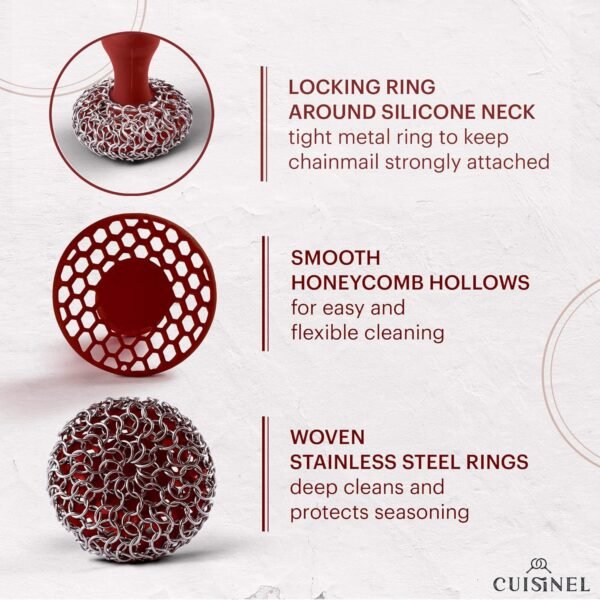 Cuisinel Cast Iron Chainmail Scrubber + Pan Scraper - The Patented Original Ergonomic Stainless & Silicone Pot & Skillet Cleaner - Premium Food-Safe Design - Easy Clean Dishwasher Safe Cookware Sponge - Image 5