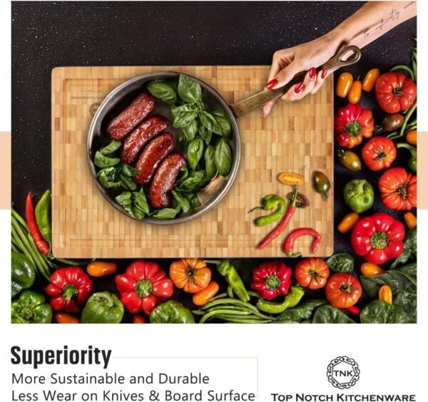 End Grain Wood Bamboo Cutting Board for Kitchen, Commercial Use - Extra Large, Thick Butcher Block with Juice Groove, Handles, and Non-Slip Feet for Chopping Veggies, Carving Meat, Bread and Cheese - Image 6