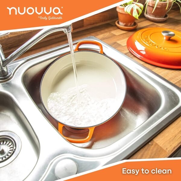 Cast Iron Dutch Oven with Lid – Non Stick Shallow Dutch Oven Pot, Oven Safe up to 500° F – Sturdy Cooking Pot – Enamelled Stockpot Cookware – Orange, 3.7-Quart, 30cm – by Nuovva - Image 4