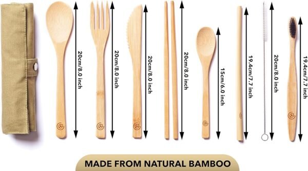 Greenzla 2-Pack Bamboo Utensils Set | With Bonus 2 Bamboo Toothbrushes | Natural Bamboo Straw, Spoon, Fork, Knife, Teaspoon, Chopsticks, Brush & 2 Storage Bags | Reusable Bamboo Cutlery set - Image 5