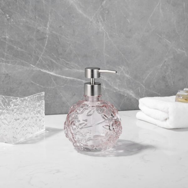 Clear Glass Lotion Pump, Refillable Soap Dispenser for Bathroom, Kitchen, and Countertop, Elegant Durable Design, Eco-Friendly with Metal Pump, Stylish Home Accessory, Pink Peach Floral - Image 6