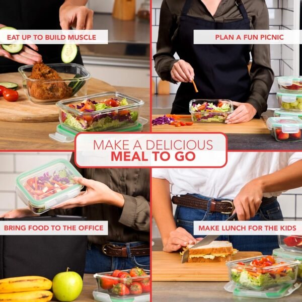 EatNeat Set of 5 Glass Food Storage Containers with Airtight Snap Locking Lids - Oven, Microwave & Dishwasher Safe - Freshness Sealed Stackable Meal Prep for Home, Office, Travel & Outdoor - BPA-Free - Image 4