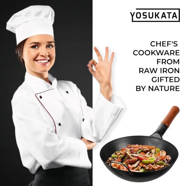 YOSUKATA Carbon Steel 11.8" Stir Fry Wok Pan - Pre-Seasoned Chinese Wok with Flat Bottom, Black Wok for Induction Gas Stovetops - Open Fire, BBQ, Grill, Outdoor Camping Wok - Image 9