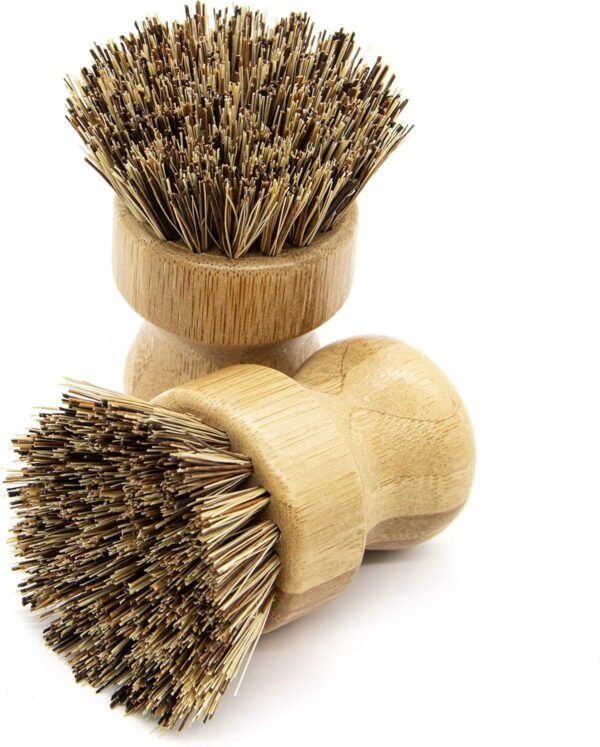 AUEAR, Natural Bamboo Dish Scrub Brush Cleaning Brush Pot Scrubber Brushes Coconut Bristles for Cast Iron Skillet Pots Pans (2-Pack, Deep Color) - Image 3