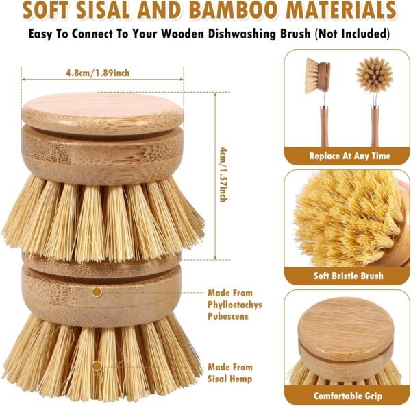 Bamboo Dish Brush,6 Replacement Heads,Natural Washing Up Brushes Heads,Soft Sisal Bristle Dish Scrubber, Dish Scrub Brush Replacement Brush Refill,Palm Brush for Kitchen Cleaning Pots Pans - Image 3