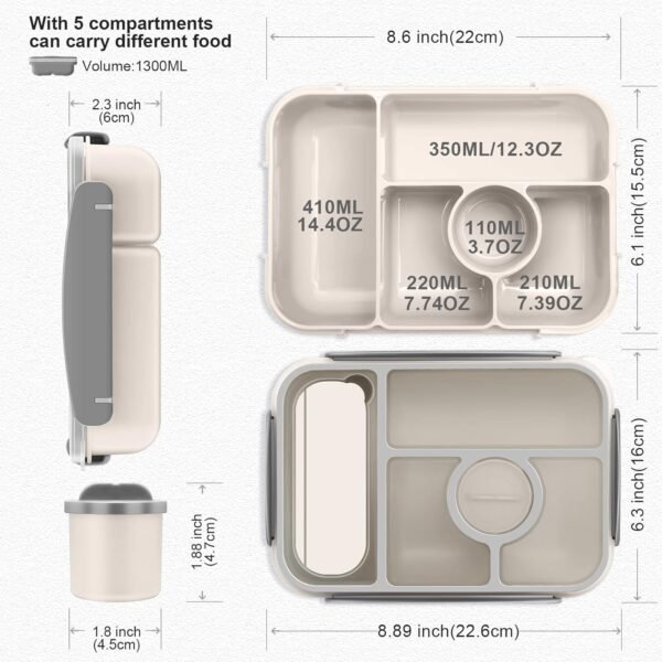 Bento box adult lunch box,lunch box kids,lunch containers for Adults/Kids/Toddler,5 Compartments bento Lunch box for kids with Sauce Vontainers,Microwave & Dishwasher & Freezer Safe(White) - Image 4