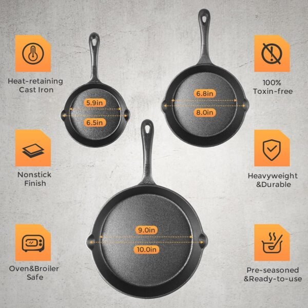 Cast Iron Skillets 3 Piece，Pre-Seasoned Cast Iron Frying Pan，Cast Iron Fry Pan Skillet Set Includes 6.5in，8in，10in Pans，Ideal for Use on any Type of Cooktop，Oven Safe - Image 4