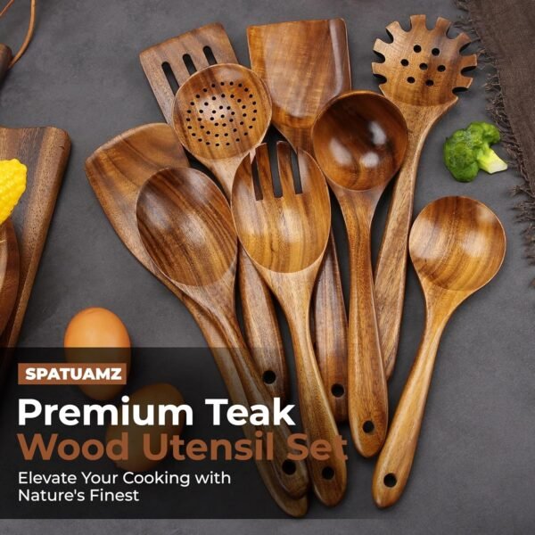 Natural Teak Wood Kitchen Utensil Set, Set of 9 Wooden Spoons for Cooking, Great Gift Cooking Spoons for Kitchen Essential Tools - Image 2