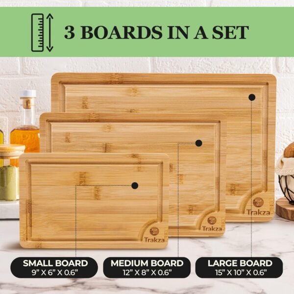 Bamboo Cutting Board Set - Durable Kitchen Cutting Boards For Chopping Fruit, Meat, Cheese, Veggies - Deep Juice Grooves, Side Handles, Easy To Use & Clean - With Storage Holder - 9", 12", 15" - Image 4