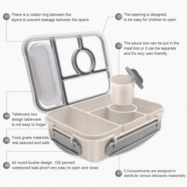 Bento box adult lunch box,lunch box kids,lunch containers for Adults/Kids/Toddler,5 Compartments bento Lunch box for kids with Sauce Vontainers,Microwave & Dishwasher & Freezer Safe(White) - Image 2