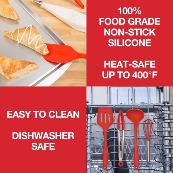 Silicone Kitchen Cooking Utensils w Bamboo Holder- 10 Pc Gourmet Non-Stick, Heat Resistant, Premium Kitchen Tools Set- Spatula, Spoon, Slotted Spoon, Tongs, Basting Brush, Whisk, Ladle- Christmas - Image 3
