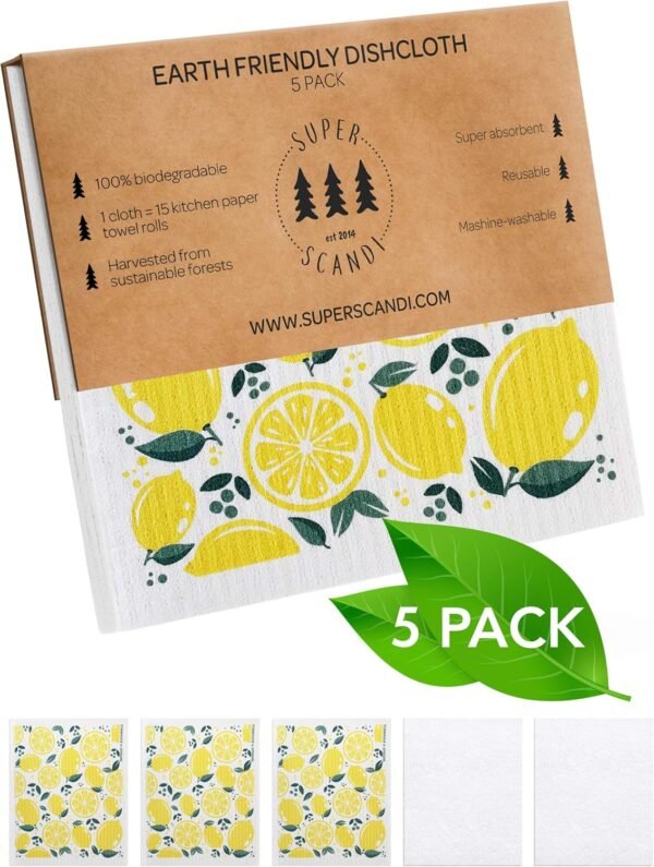 SUPERSCANDI 5 Pack (3 Printed, 2 White Cloths) Patterned Lemon Swedish Dishcloths Reusable Biodegradable Cellulose Sponge Cleaning Cloths for Kitchen Towel Replacement Washcloths - Image 2