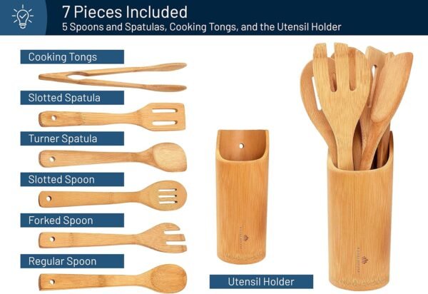 RoyalHouse Wooden Kitchen Utensils Set, 7 Piece Bamboo Cooking Tools and Holder Cooking Spoons and Spatulas, Kitchen Tools, Wood Tool Utensil Sets for Nonstick Pan and Cookware - Image 3