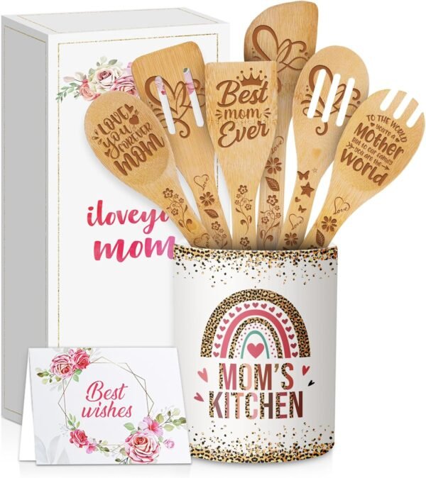 Cooking Utensils Set, Mom No Matter How Hard Life Gets Ugly Children, Grandparents Day Gift, Utensil Holder & 6 Wooden Spoons Cooking Gifts For Mom, Kitchen Gifts For Mom, Silverware Holder